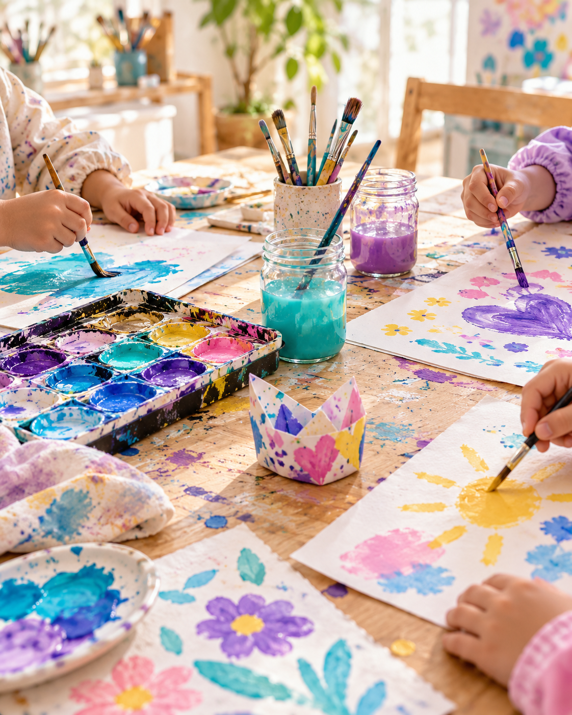 Manos pintando con acuarelas y pinceles sobre una mesa de taller